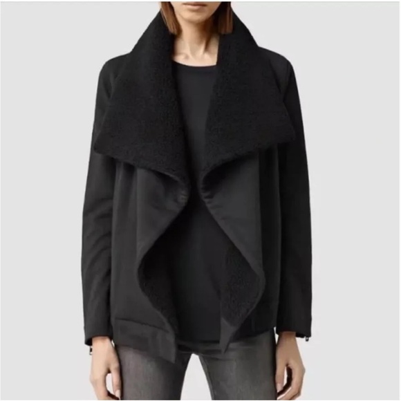 All Saints Jackets & Blazers - ALL SAINTS BLACK FUZZY NECKLINE FAUX SHERPA COLLAR BORA BIKER SWEATSHIRT JACKET